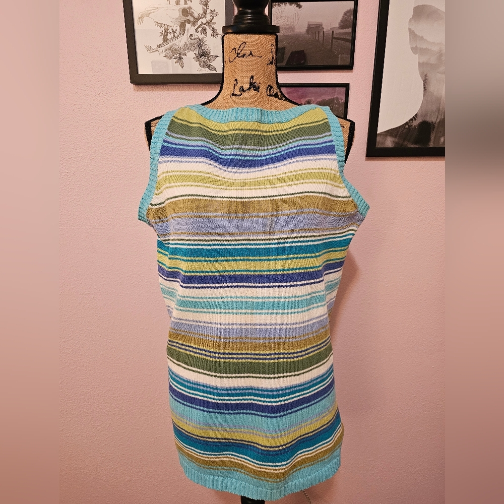 Vintage - Circa 1990's Blue, Teal, Green & White Striped Sweater Tank